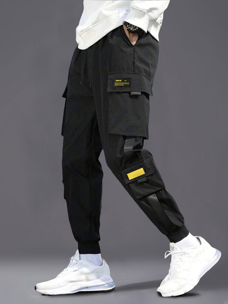 

Mens Solid Multi Pocket Casual Drawstring Waist Cargo Pants, Black;khaki