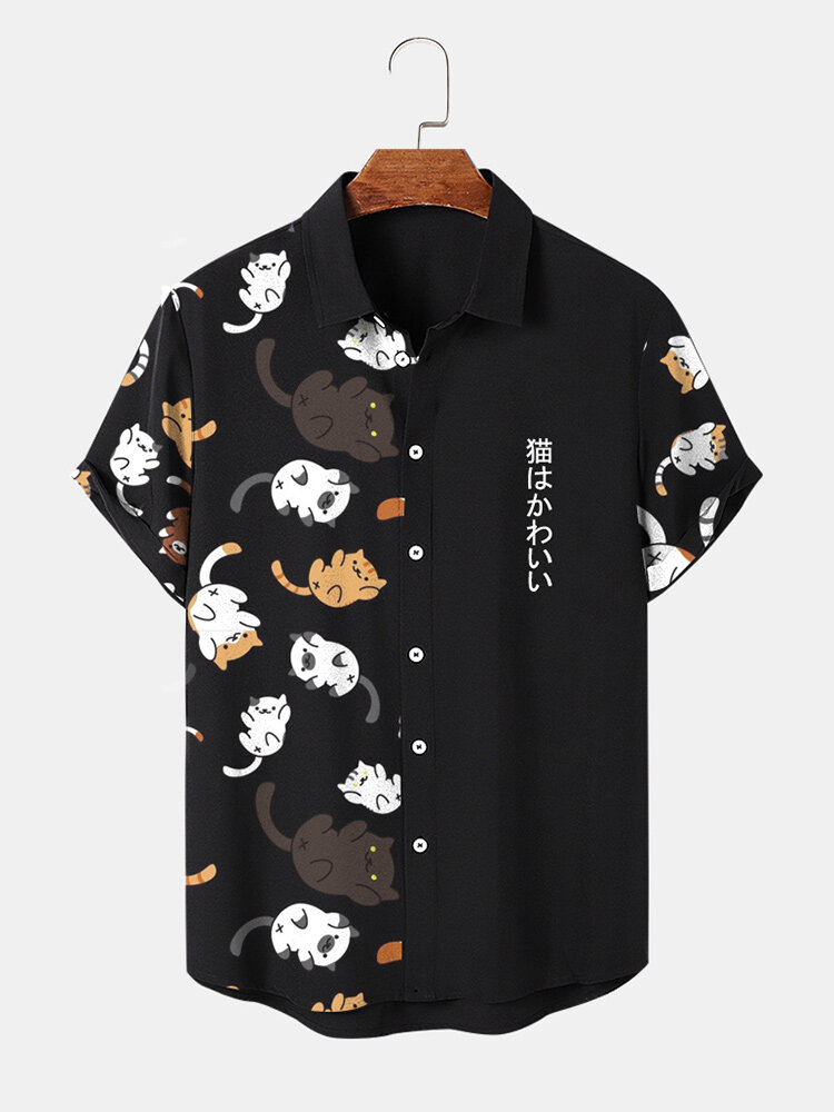 Camisas masculinas de manga curta com estampa japonesa de gato bonito e lapela