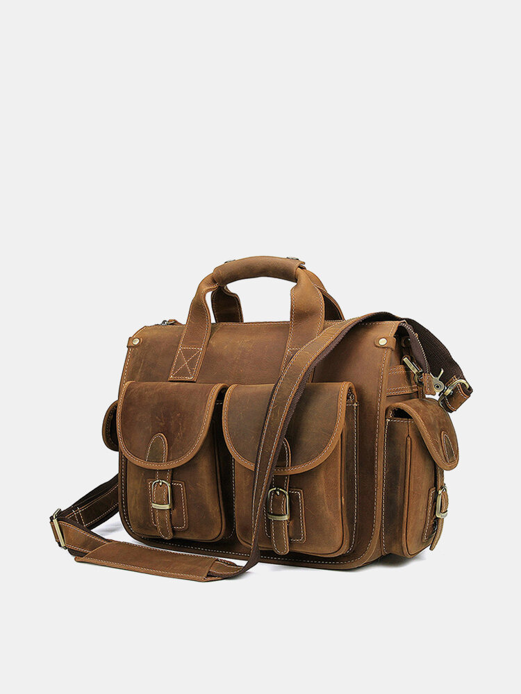 Men Vintage Multifunction Genuine Leather Cow Leather 14 Inch Laptop Bag Briefcases Crossbody Bag Handbag