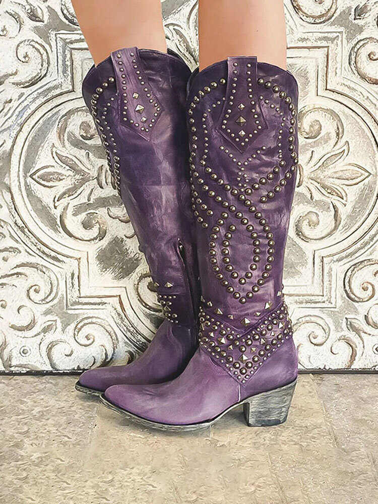 Women Pointed Toe Rivet Pattern Retro Slip On Chunky Heel Cowboy Boots