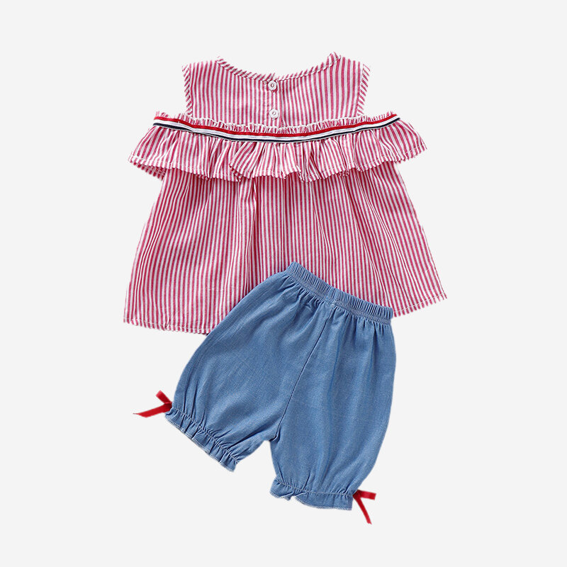 

Girl's Striped Print Ruffled Tops+Pants Casual Clothing Set For 1-7Y, Red