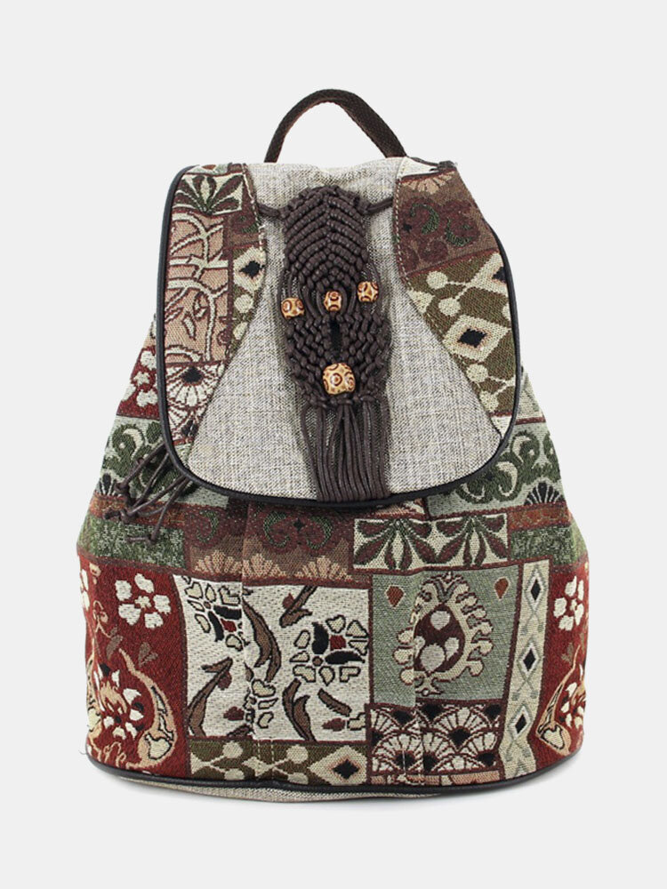 Casual Cotton Linen Embroidered Ethnic Pattern Print Multi-Carry Handbag Backpack