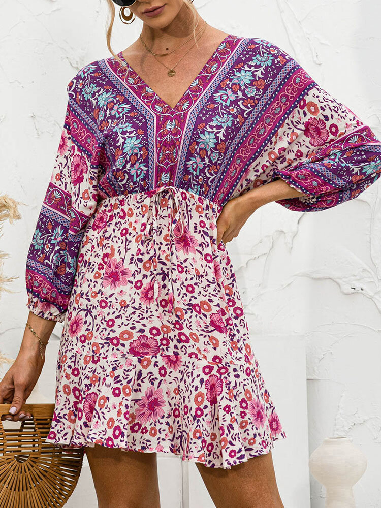 Summer Holiday Knotted V-neck Floral Print Bohemian Dress for Wowen
