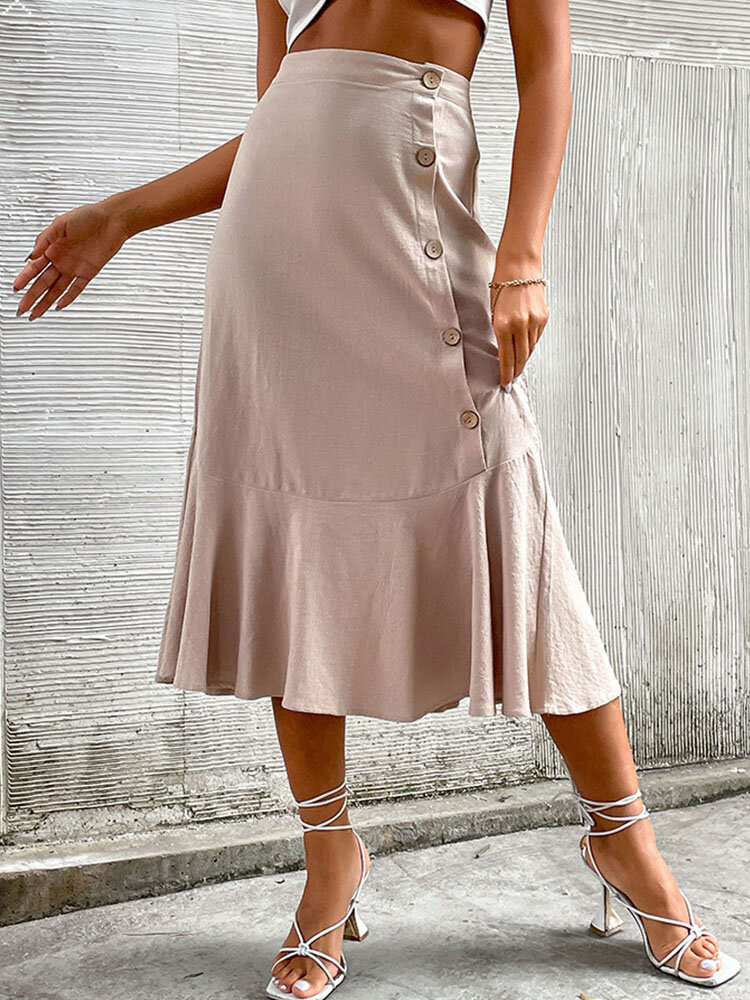 Solid Ruffle Button Elegant High Waist Skirt For Women