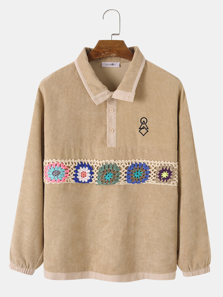 Mens Floral Crochet Half Button Lapel Corduroy Pullover Sweatshirts