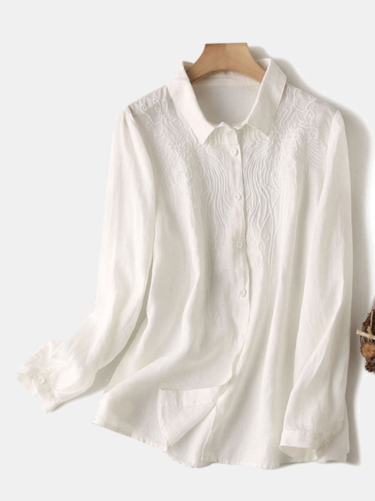 Solid Color Embroidered Lapel Collar Long Sleeve Casual Blouse
