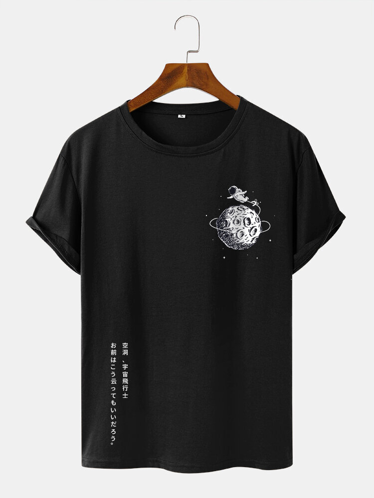 

Mens Cartoon Astronaut Planet Japanese Print Casual Short Sleeve T-Shirts, Black