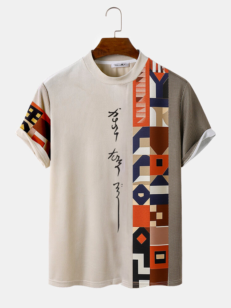 Herren Colorful T-Shirt mit Rundhalsausschnitt und geometrischem Aufdruck, Patchwork, kurzärmelig