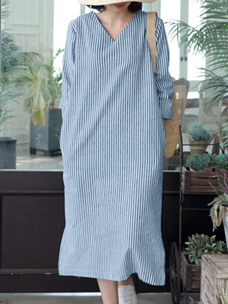 Hot saleZANZEA Stripe Print Slit Hem Pocket V-neck Dress Cheap - NewChic