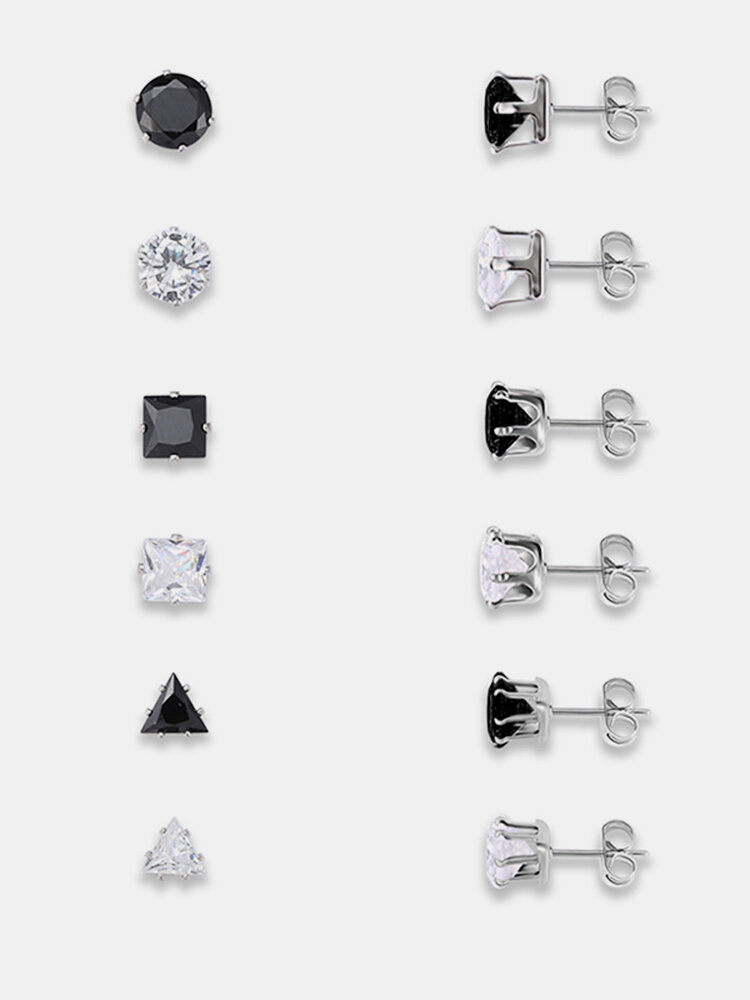 12Pcs Black and White Silver Plated Zircon Geometric Ear Stud Ear Accessories