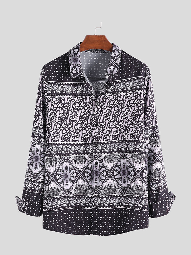 Mens Vintage National Style Long Sleeve Floral Printing Loose Casual Shirts