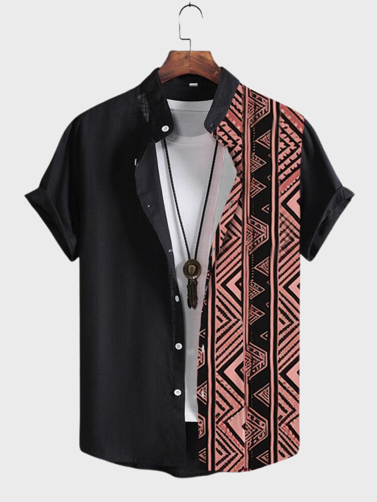 Chemises à manches courtes à col montant et imprimé géométrique vintage pour hommes