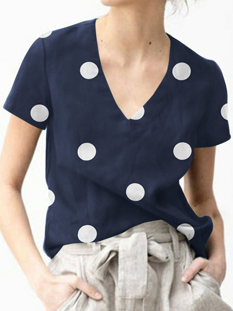 Dot Print Short Sleeve V-neck Casual Blouse For Women