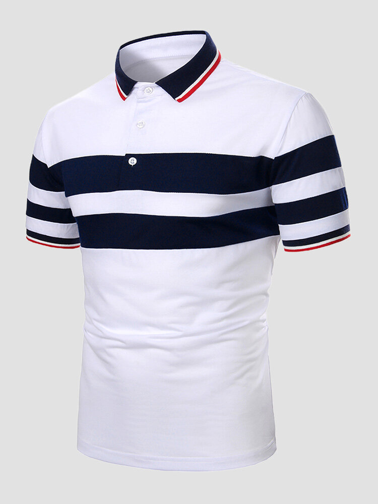 Men Striped Spliced Front Button Short Sleeve Business Polos Shirts