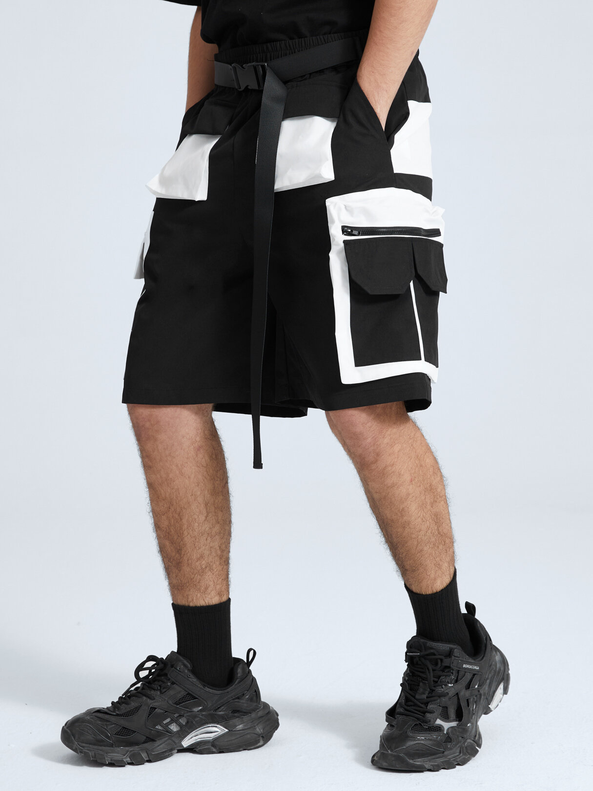पुरुष लघु रंग ब्लॉक पैचवर्क पॉकेट कार्गो पैंट