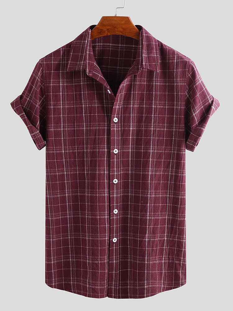Mens 100% Cotton Plaid Short Sleeve Turndown Collar Casual Shirt