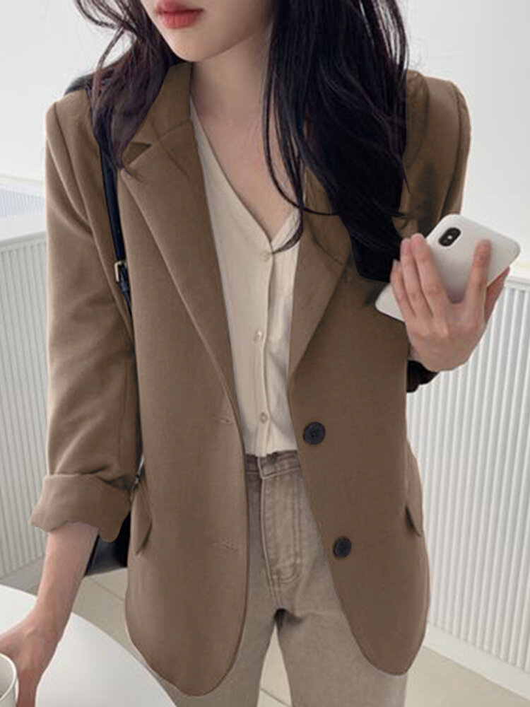 Solid Button Front Lapel Casual Long Sleeve Blazer