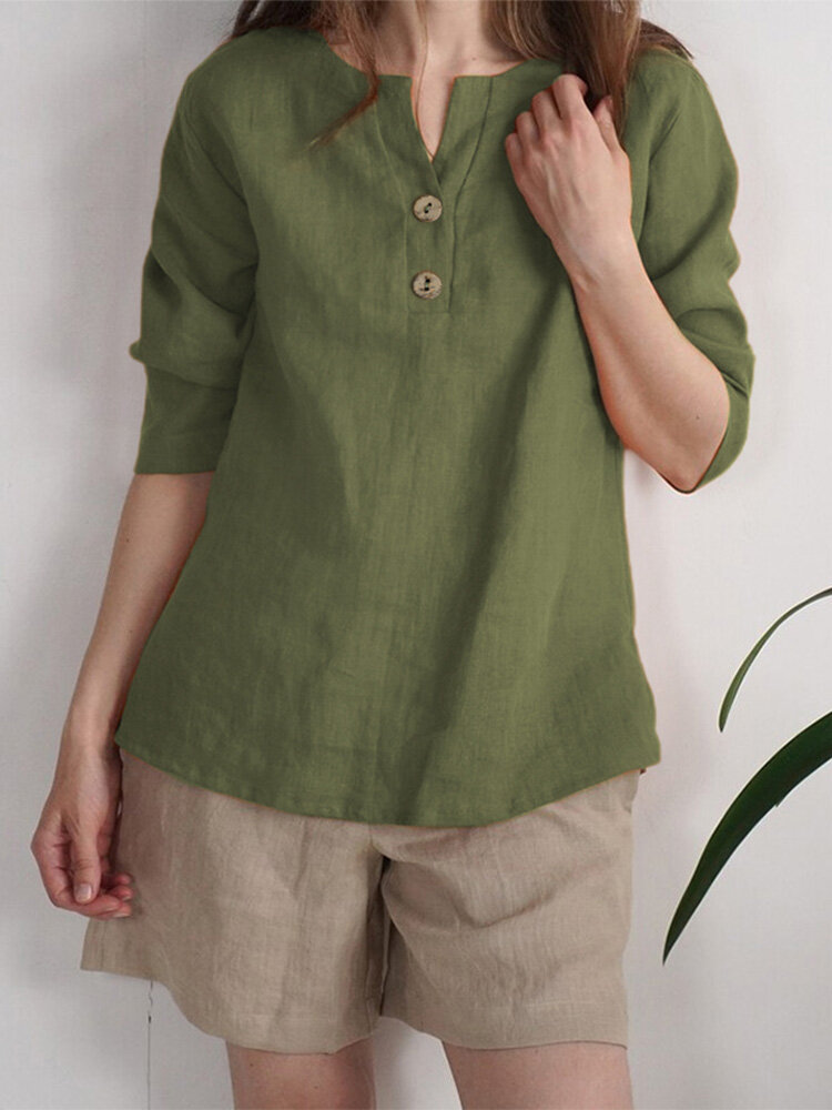 Solid Button Front Notch Neck Blouse For Women