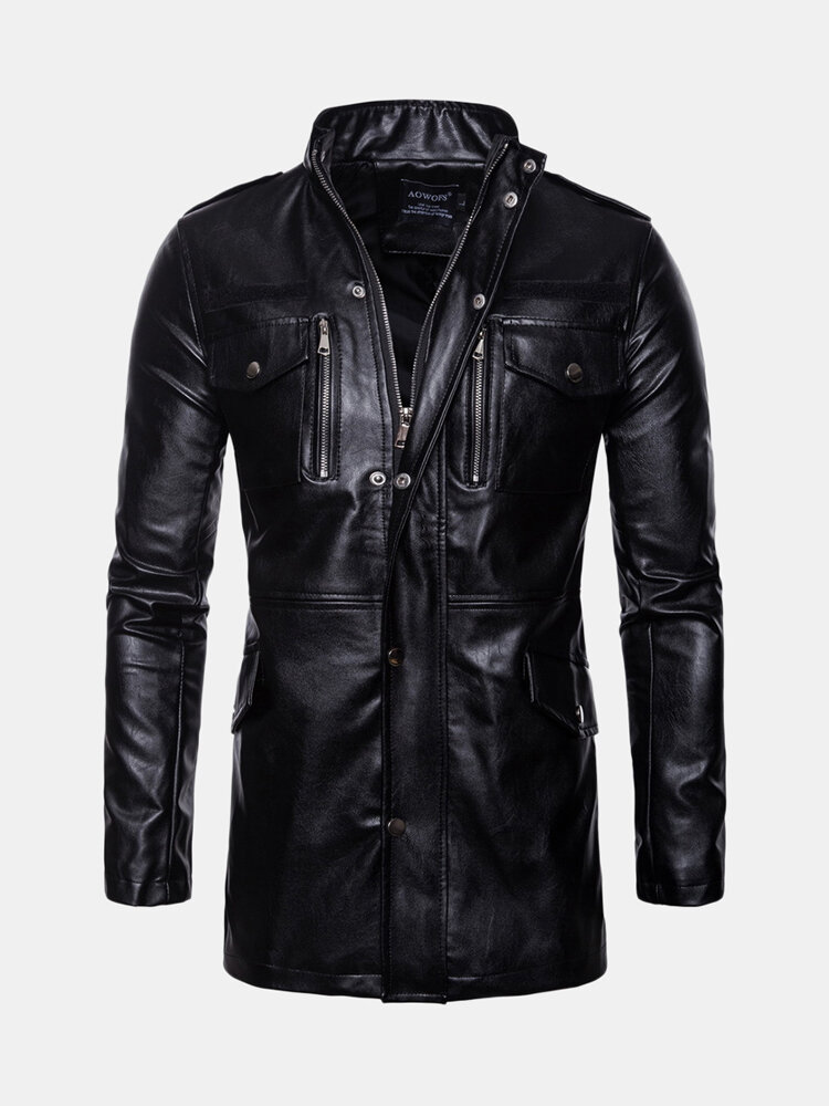 Men's Retro Outdoor PU Coat Stand Collar Leather Mid-Long Jacket