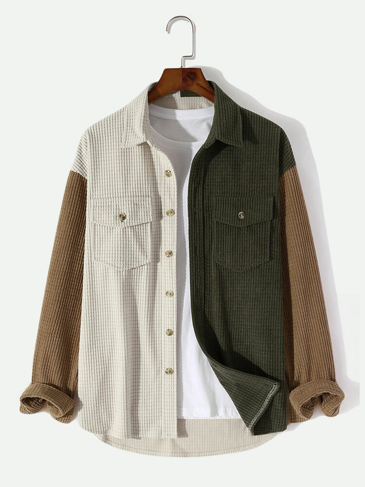 Camisas de manga comprida de veludo cotelê masculino contrastante patchwork com aba e bolso
