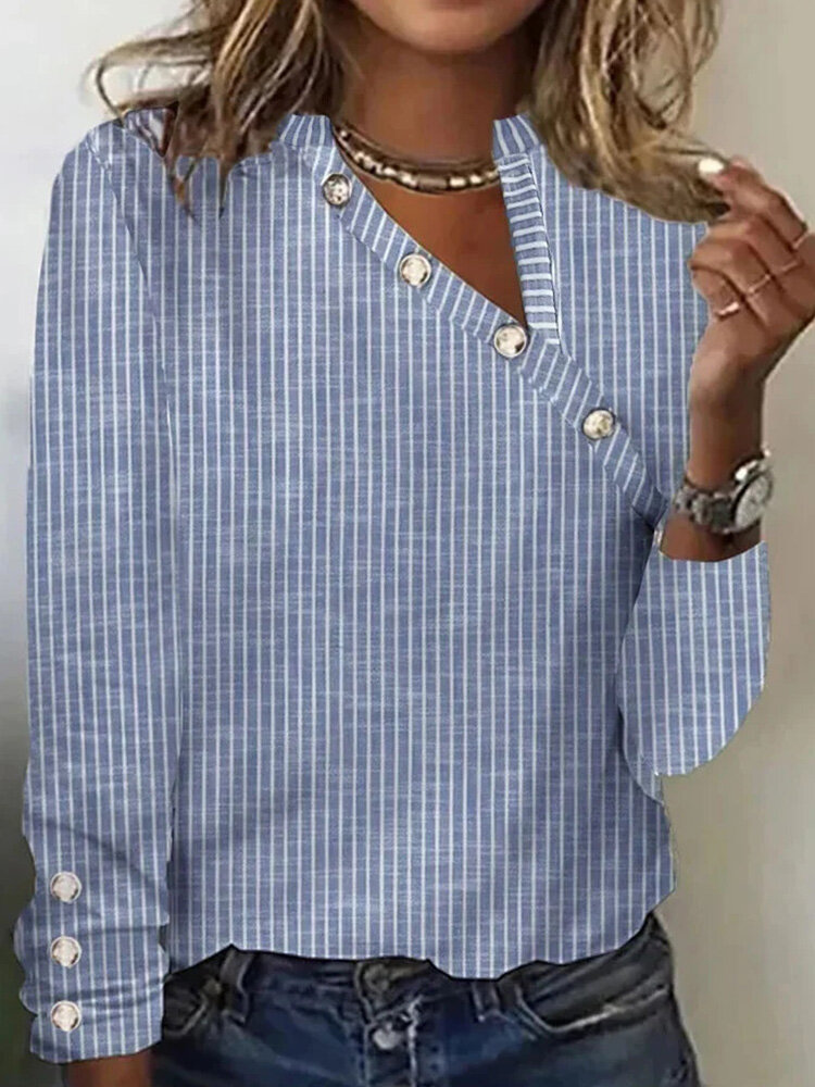 Women Striped Button Design Cotton Long Sleeve Blouse