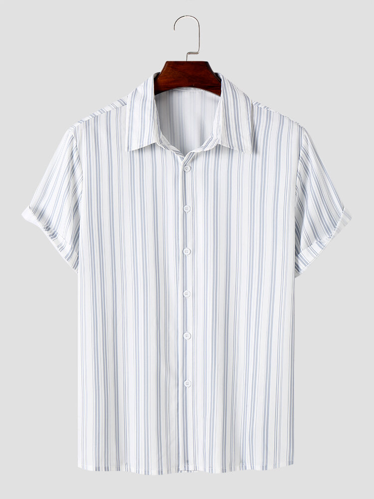Mens Pinstriped Printed Hem Cuff Short Sleeve Shirts