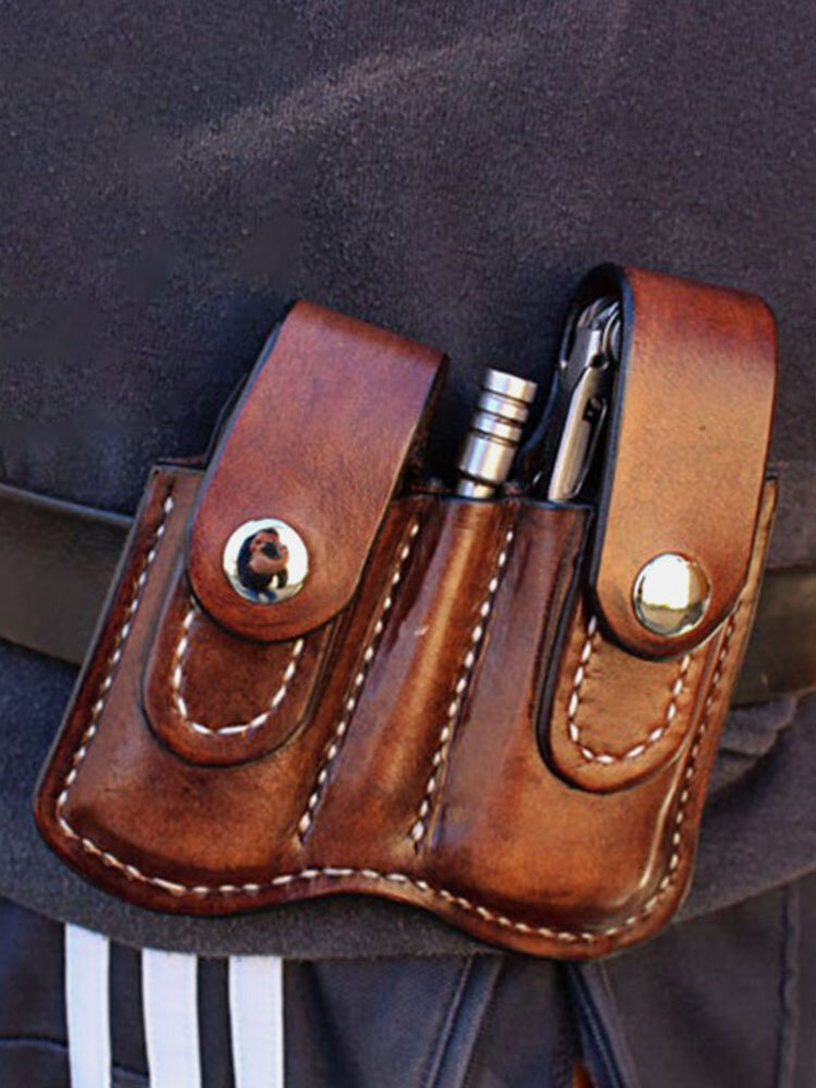 Men EDC Genuine Leather Retro Multitool Solid Waist Belt Bag