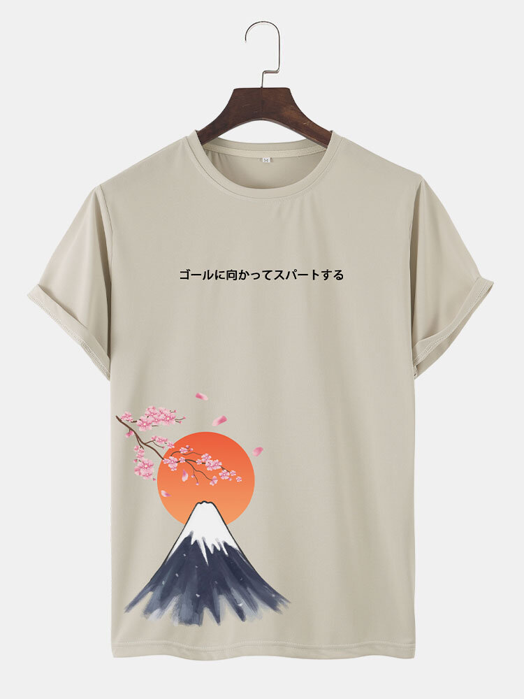 Mens Japanese Cherry Blossoms Mountain Print Short Sleeve T-Shirts