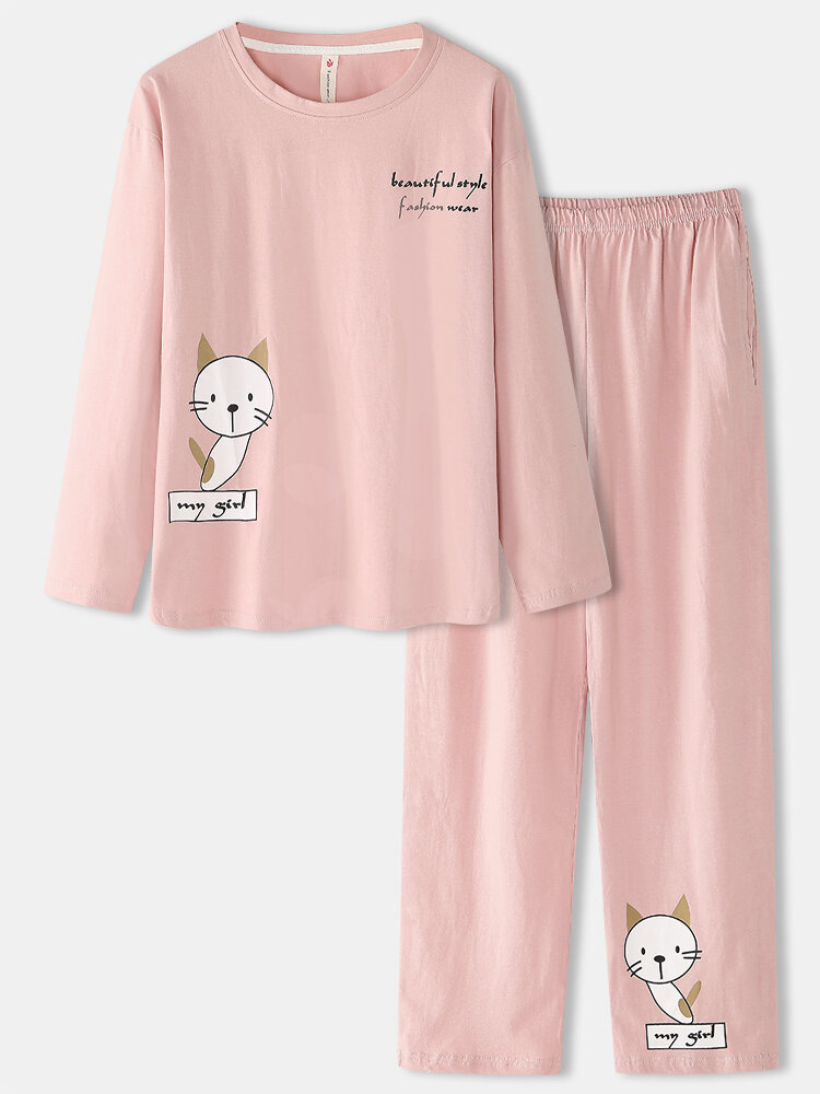 Women 100% Cotton Cute Cat Print Long Sleeve Lounge Home Pajamas Set