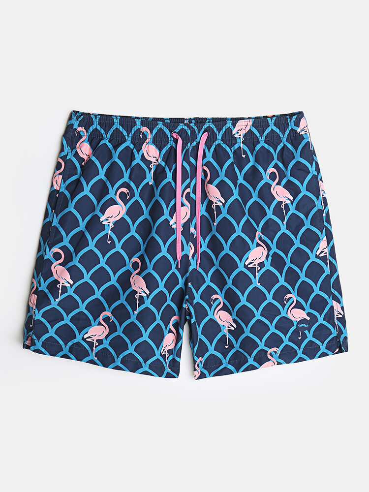 Mens Flamingo Grid Print Quick Dry Holiday Drawstring Swim Trunks