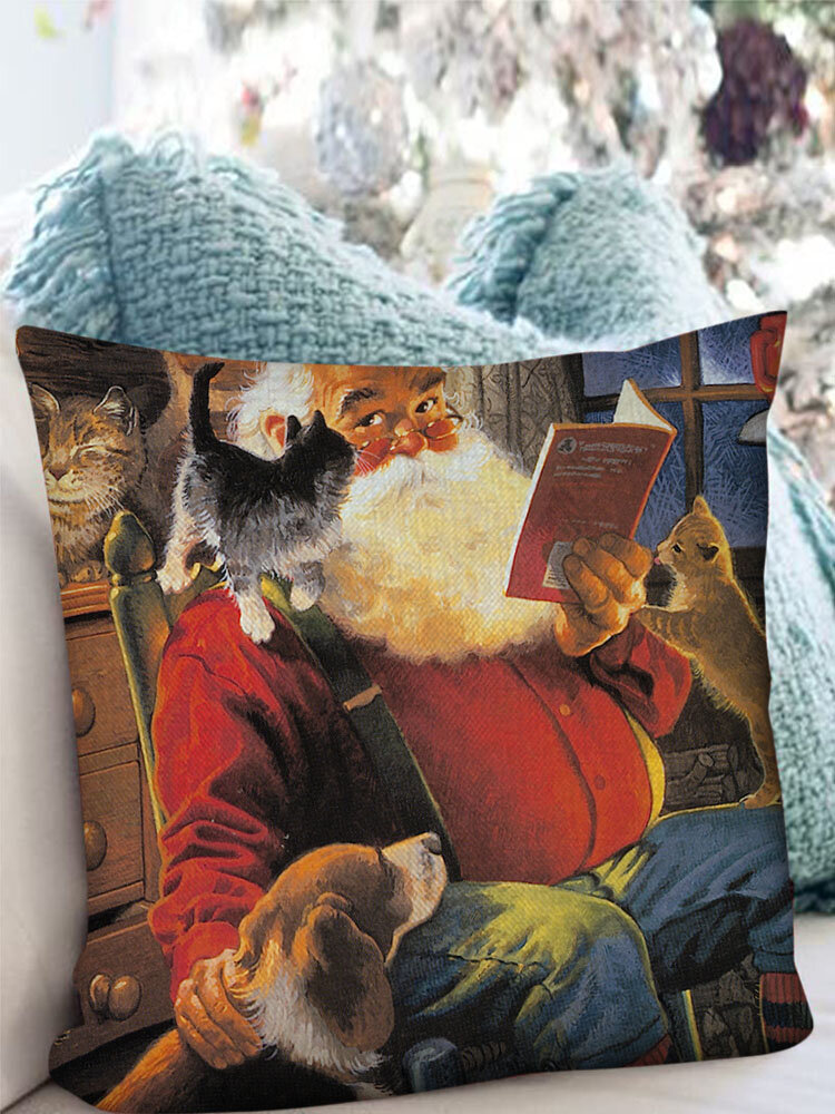 1 PC Linen Chritmas Santa Claus and Cat Decoration In Bedroom Living Room Sofa Cushion Cover Throw Pillow Cover Pillowcase