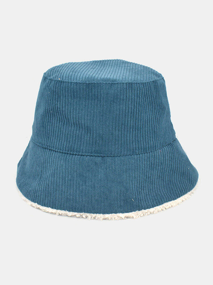 Unisex Lambswool Corduroy Patchwork Solid Color Double-sided Wearable All-match Warmth Sunshade Bucket Hat