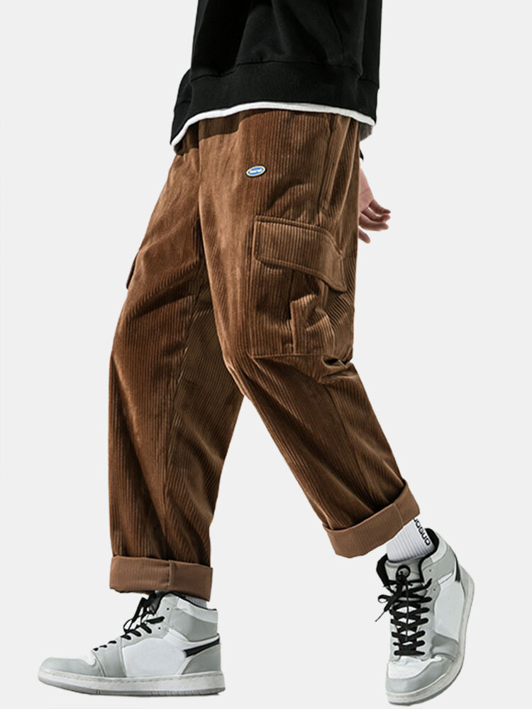 Mens Corduroy Solid Color Multi Pocket Casual Straight Cargo Pants