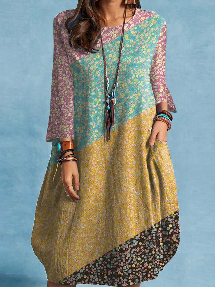 Robe à manches 3/4 en patchwork pour femmes, imprimé floral, blocs de couleurs