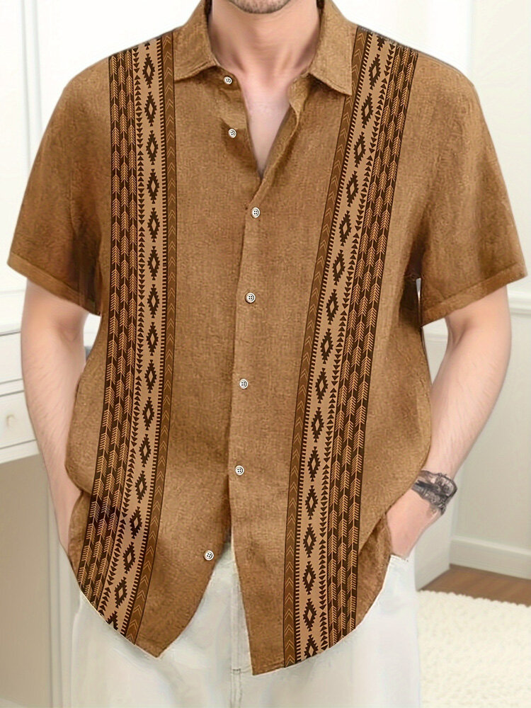 Camisas masculinas étnicas geométricas Padrão lapela solta de manga curta