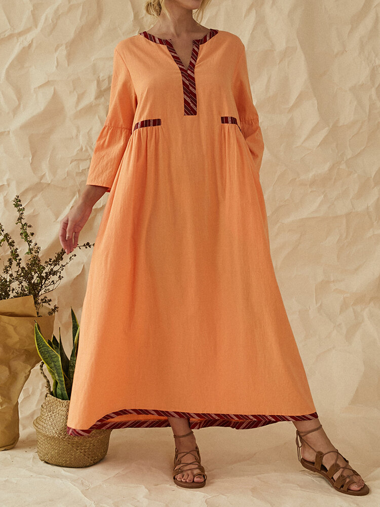 Patchwork Solid Color Trumpet Sleeve Maxi Dress With Pocket