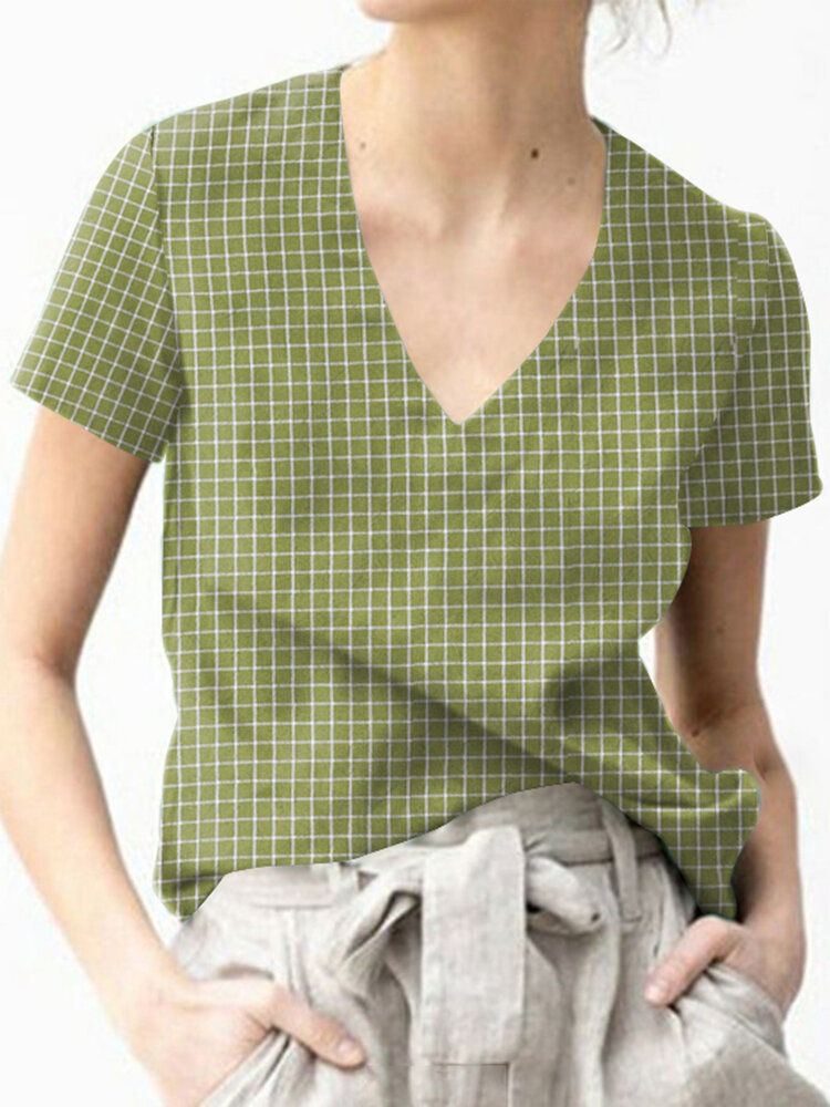 Women Check Print Short Sleeve V-neck Blouse