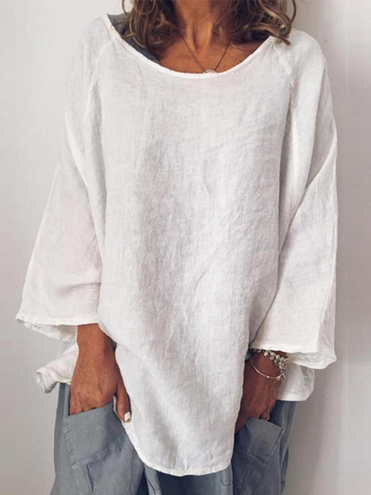 Blusa feminina casual de algodão com gola redonda e manga comprida