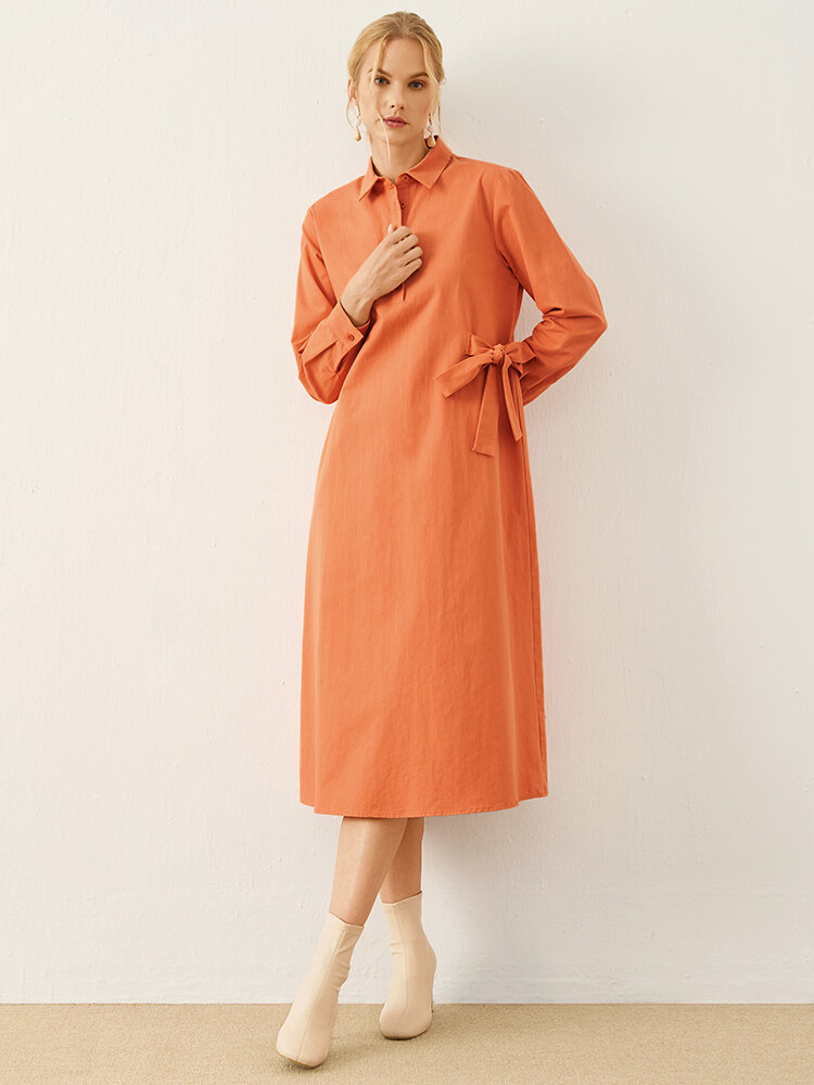 

Solid Bowknot Long Sleeve Lapel Button Half Placket Dress, Orange