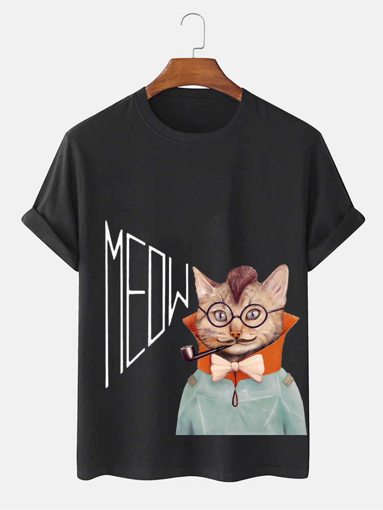 Mens Cartoon Cat Figure Graphic Crew Neck Short Sleeve T-Shirts Winter