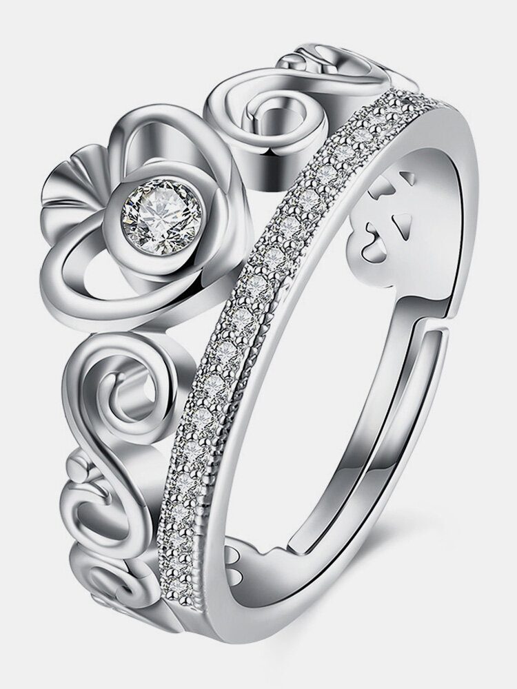 Sweet Wedding Ring Silver Heart Crown Zircon Ring Gift for Women