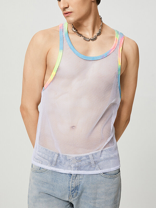 Camiseta sin mangas con ribete de teñido anudado transparente de malla para hombre
