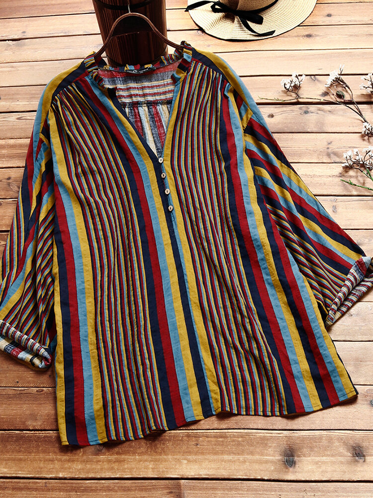 Multi-Color Striped Long Sleeve Casual Plus Size Shirt