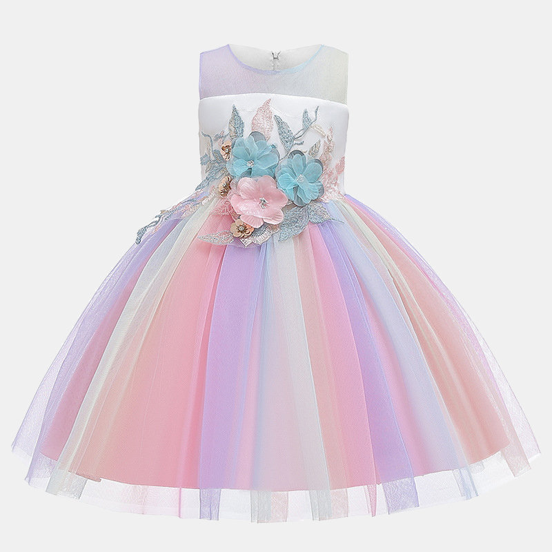 Girl's Embroidery Flower Rainbow Tulle Princess Birthday Formal Wedding Dress For 3-13Y