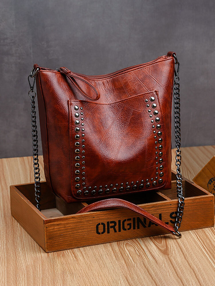 Ladies Textured Soft Leather Handbags Chain Shoulder Bag Rivet Tote Bag