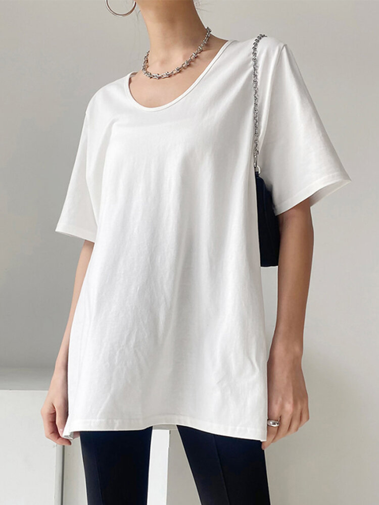 Solid Split Round Neck Short Sleeve Casual T-Shirt