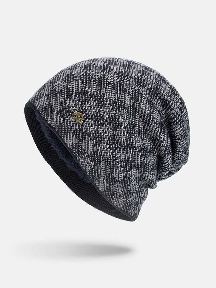 Men Knitted Plus Velvet Lattice Jacquard Letter Iron Label Brimless Beanie Hat