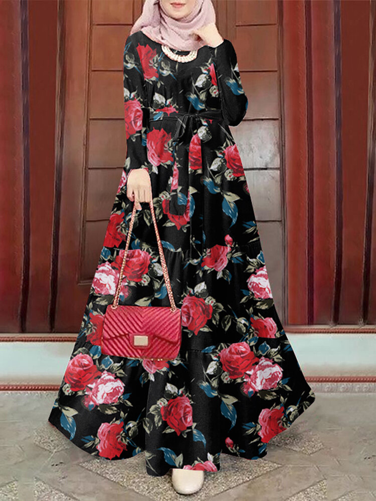 Women Rose Print Tiered Design Muslim Long Sleeve Maxi Dress