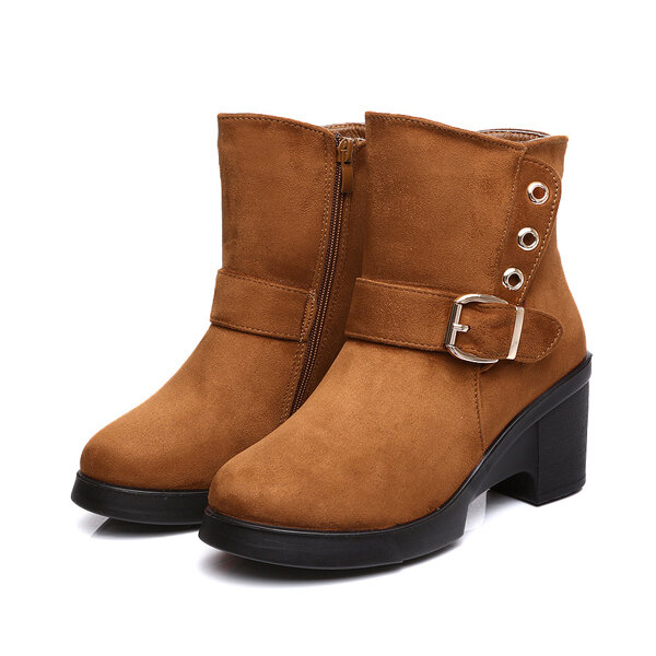 Buckle Button Chunky Heel Ankle Slip On Boots