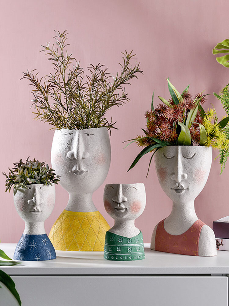 White Face Pot Ceramic Flower Pot Planter Vase with Face Head imprint Design 